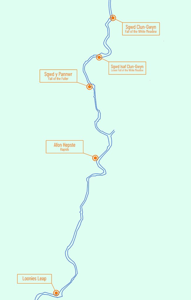 Map displaying the various landmarks and key activity points from the full canyoning experience