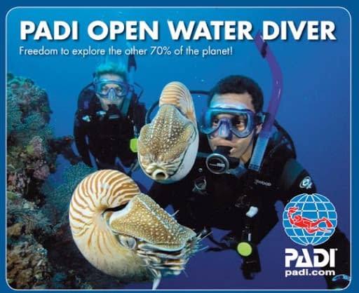 Man and woman scuba diving by a reef with fish in foreground. PADI Open Water Diver poster
